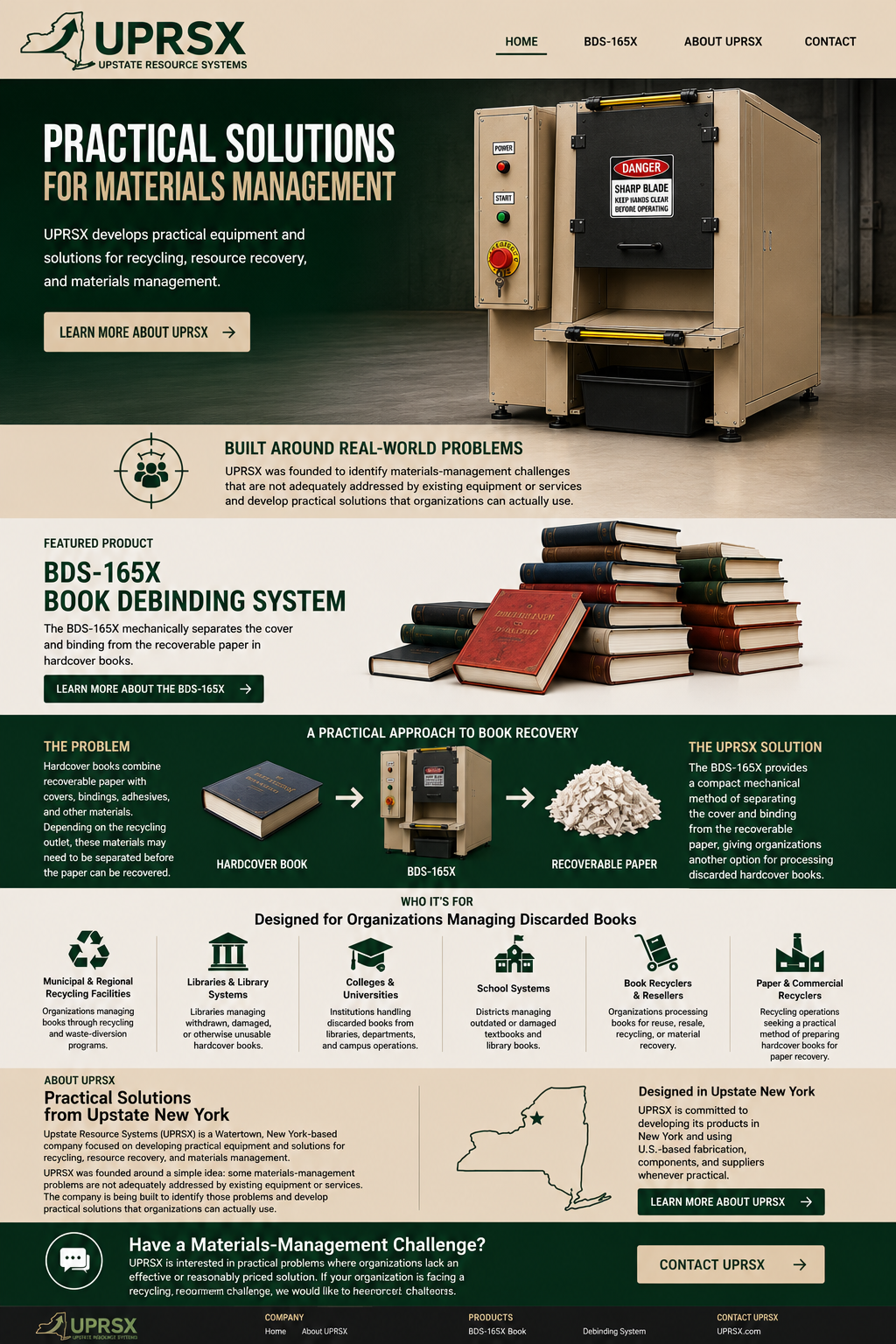 UPRSX — Upstate Resource Systems homepage featuring the BDS-165X book debinding system